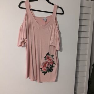 Avenue Blush Pink Cold Shoulder Embroidered Flower Top